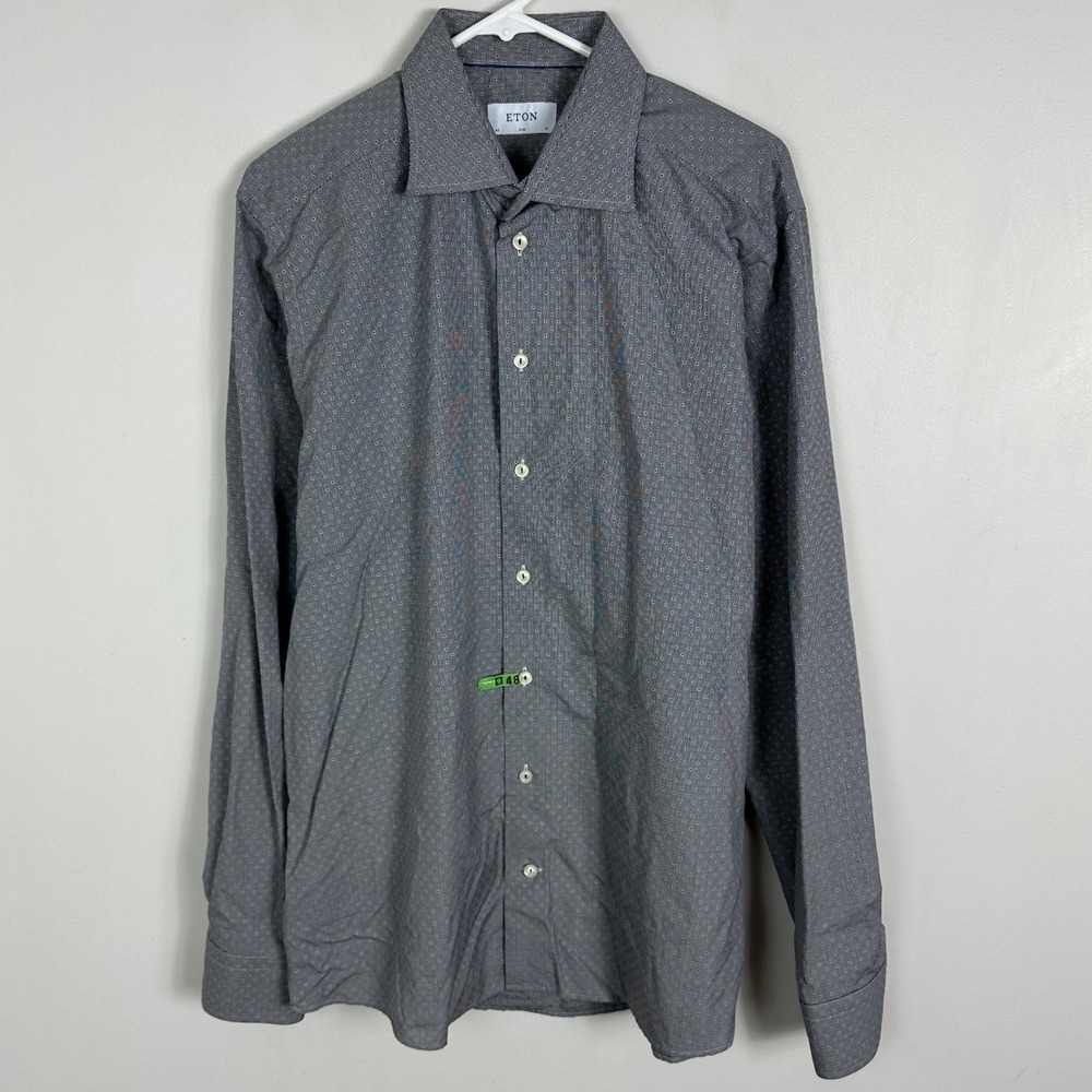 Eton Mens Dress Shirt 17 Slim Poplin Grey Geometric Square Print Long Sleeve
